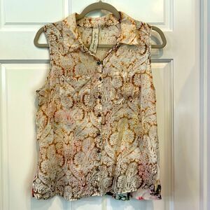 Anthropologie Aratta Silent Journey Blouse Top Mixed Media Print Sleeveless m
